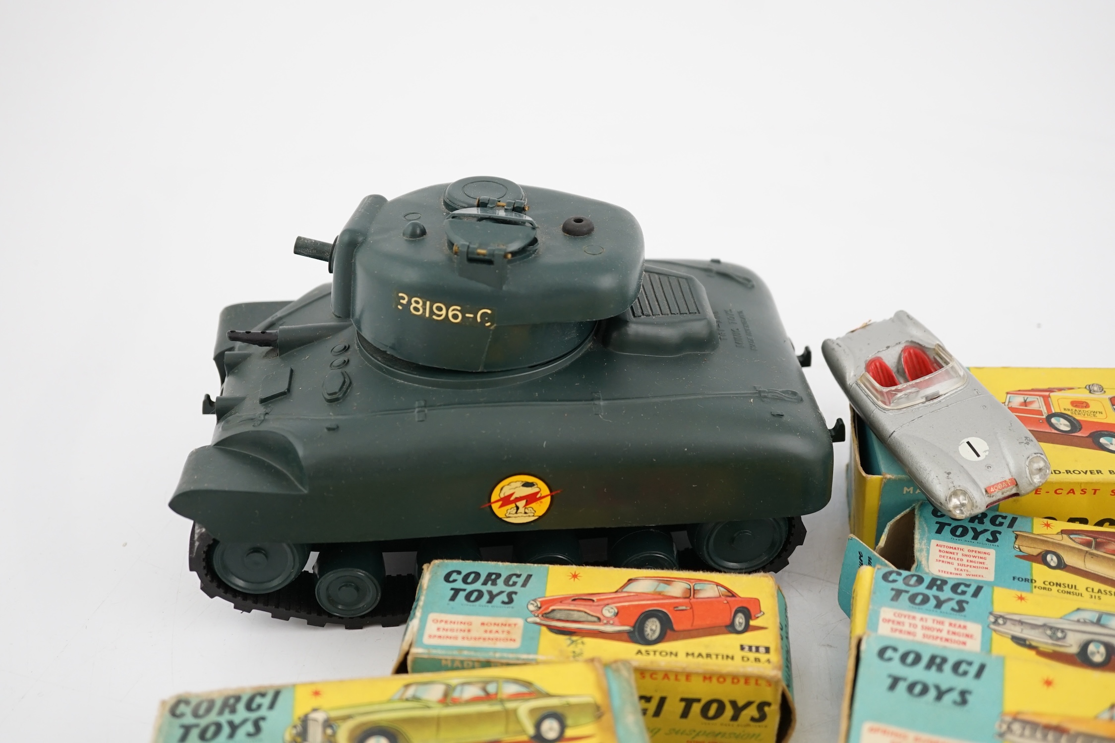 Seven boxed Corgi Toys and a Tri-ang M116 Sherman Tank, Corgi including